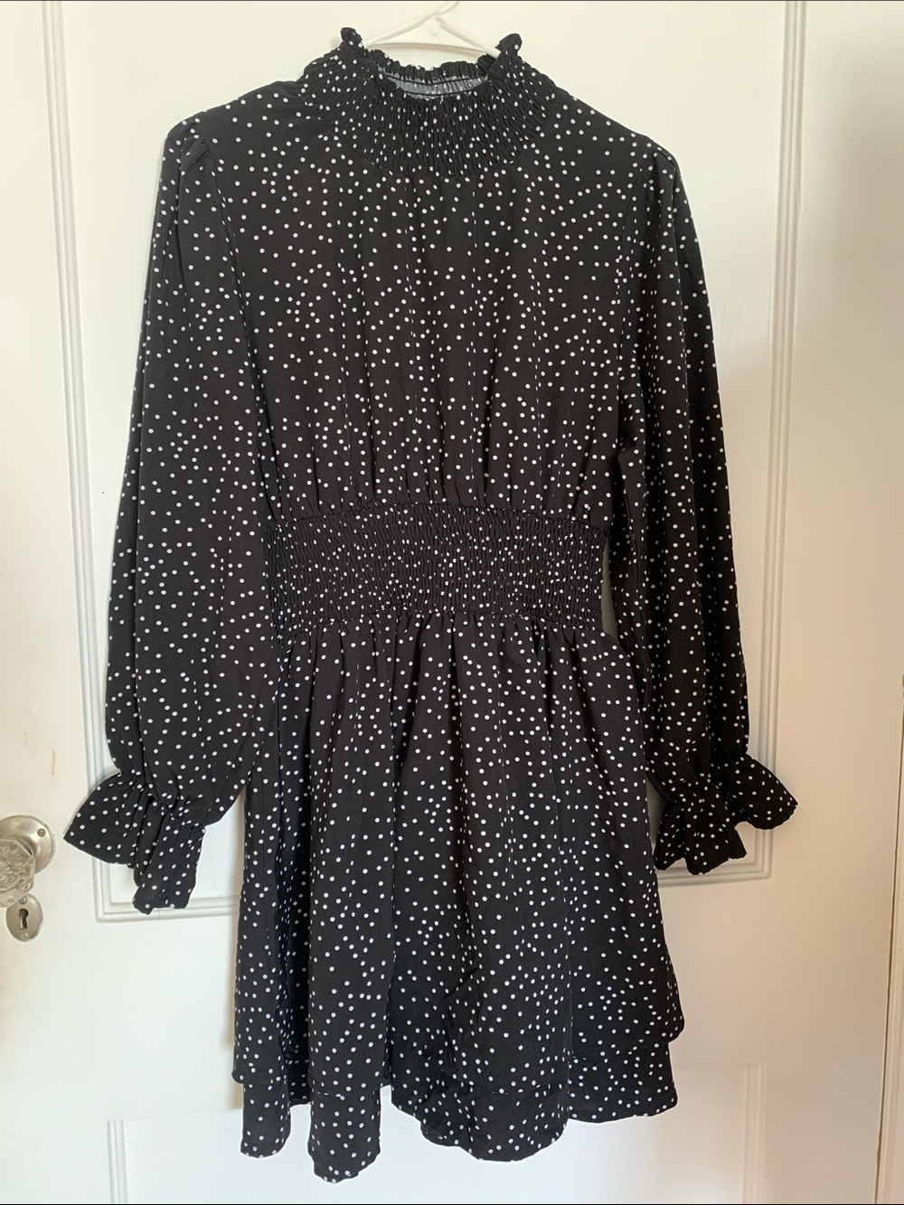 SHEIN Black Dress with White Polka Dots - Smocked Waist & Ruffle Cuffs